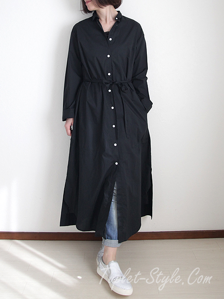 Yoshi Kondo 綿100 裾がラウンドしたウエスト紐 チビ襟シャツワンピース 黒 M